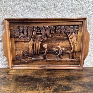 Vintage Hand Carved Wood 3D Art Tray with Handles-Pampanga Mid Century 60's Fine